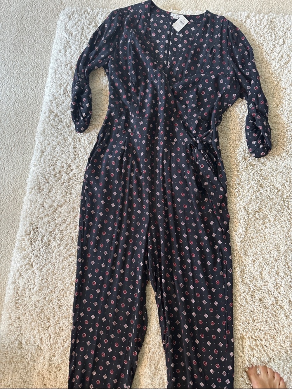 Navy Blue Printed Wrap Jumpsuit with Red Diamond Motif